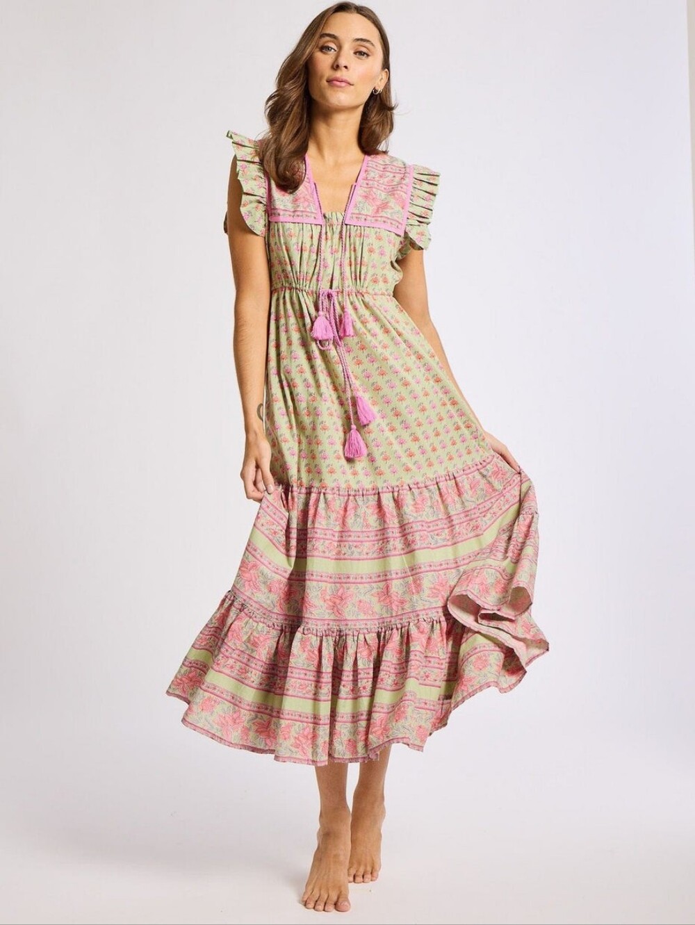 Mille Esme Pink & Green Tiered Maxi Dress with Tassel Tie